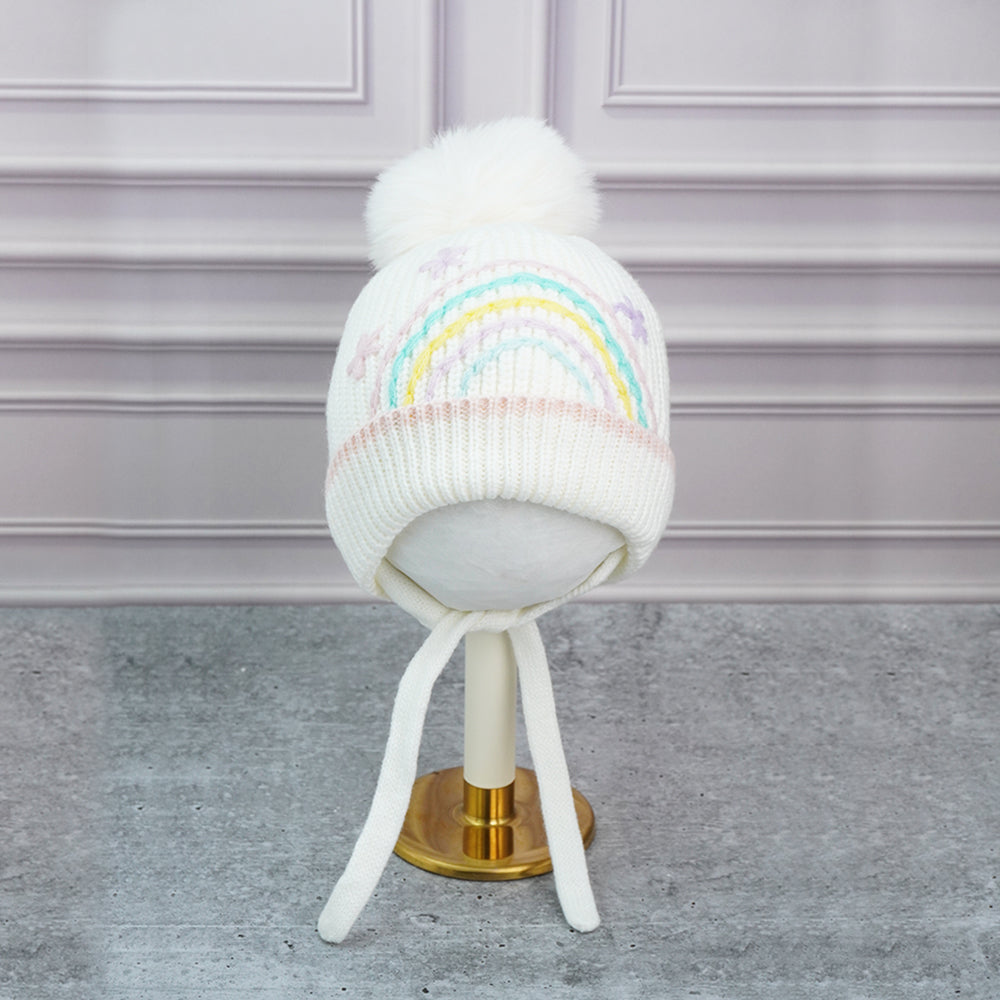 Cream Embroidered Rainbow Knitted Woolen Winter Cap/ Beanie for Kids, 3-10 Years