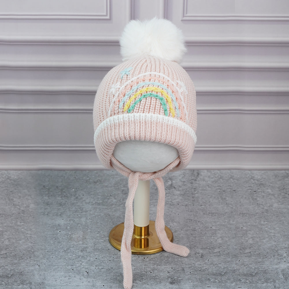 Pink Embroidered Rainbow Knitted Woolen Winter Cap/ Beanie for Kids, 3-10 Years