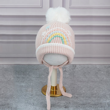 Pink Embroidered Rainbow Knitted Woolen Winter Cap/ Beanie for Kids.