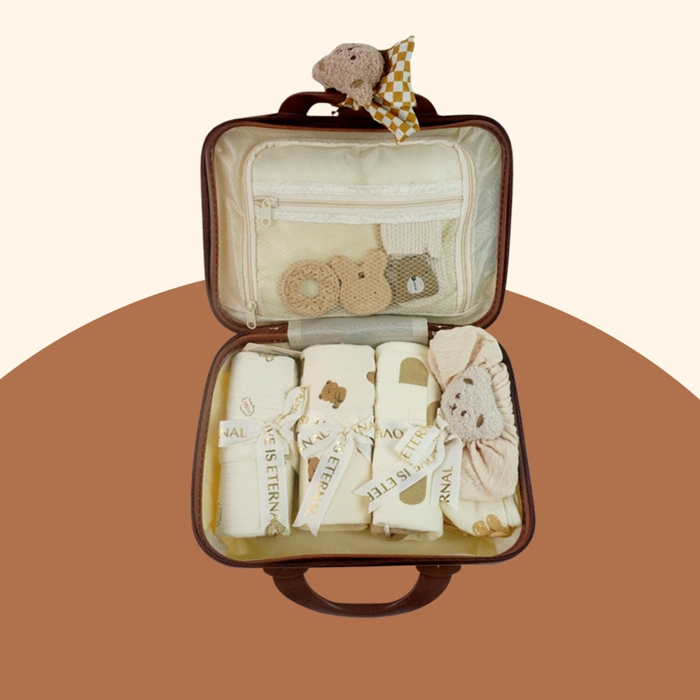 20 pcs Chubby Cream Teddy Face Birthday Gift Hamper set for Baby with travelling suitcase