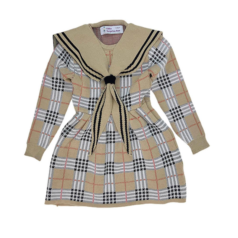 Beige sailor Checkered Collar Knitted Frock Winter wear - Little Surprise BoxBeige sailor Checkered Collar Knitted Frock Winter wear