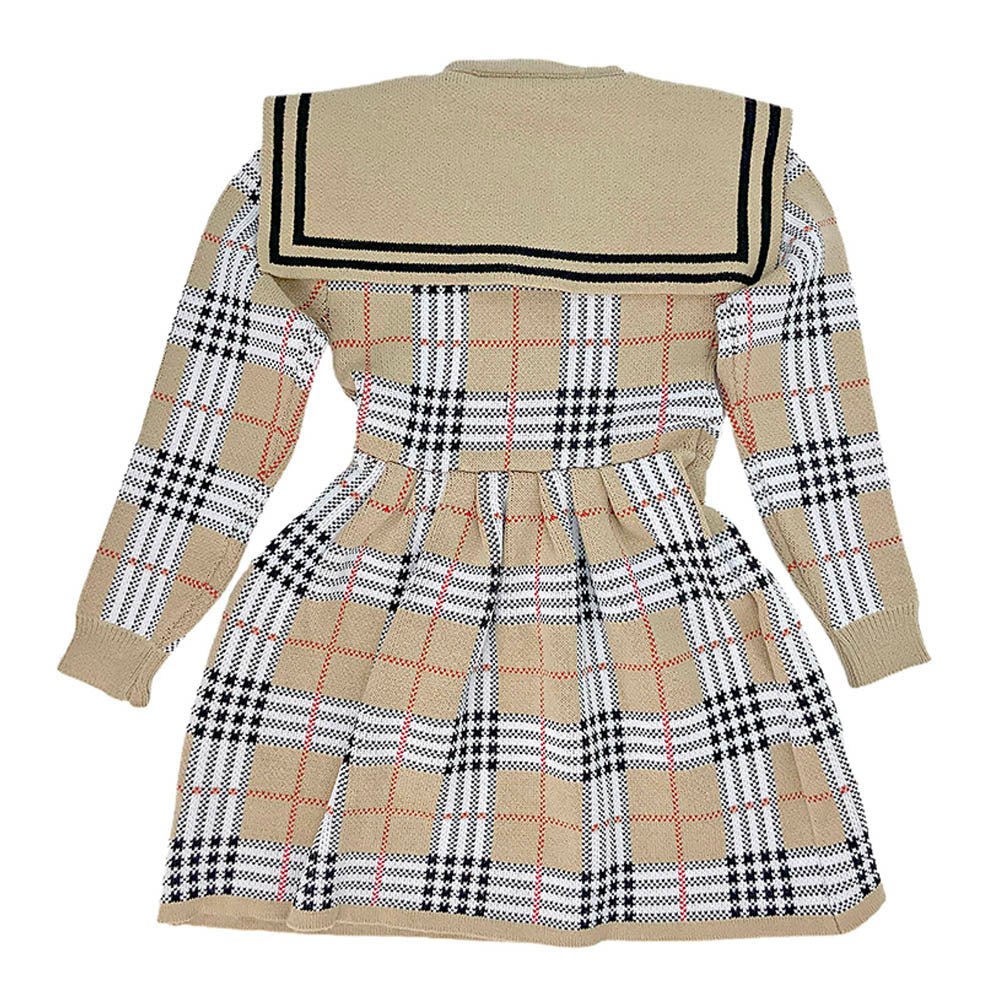 Beige sailor Checkered Collar Knitted Frock Winter wear - Little Surprise BoxBeige sailor Checkered Collar Knitted Frock Winter wear