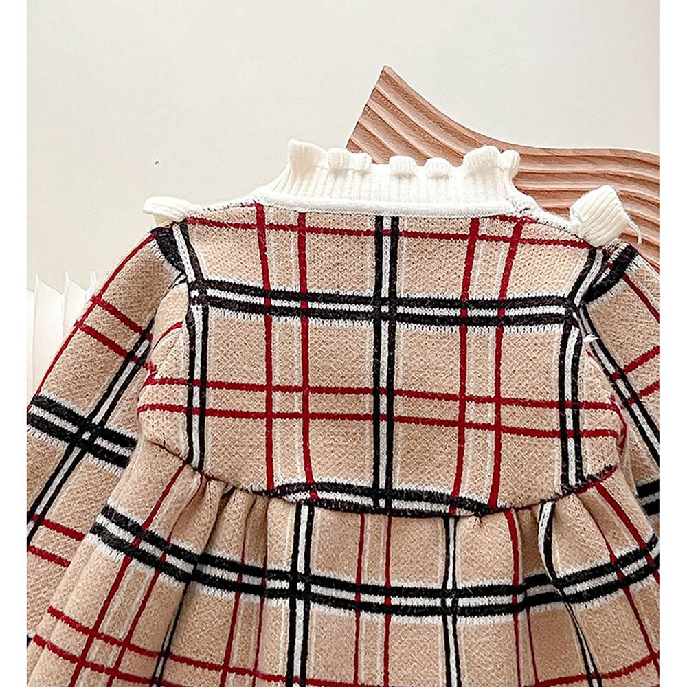 Beige sailor Checkered Knitted Frock Winter wear - Little Surprise BoxBeige sailor Checkered Knitted Frock Winter wear