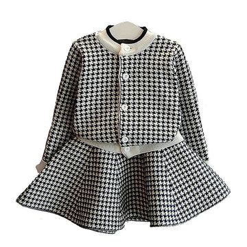 Black Houndstooth 2 pcs Cardigan & skirt Winterwear set for Girls - Little Surprise BoxBlack Houndstooth 2 pcs Cardigan & skirt Winterwear set for Girls