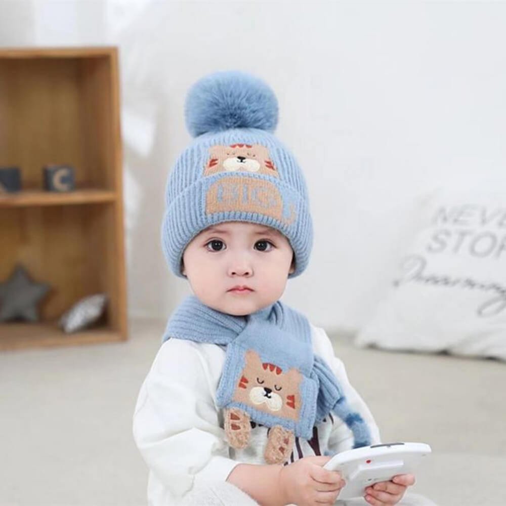 Blue Bear woven Stretchable Woollen Winter Cap for Kids with Matching Neck Muffler Set (3-10yrs) - Little Surprise BoxBlue Bear woven Stretchable Woollen Winter Cap for Kids with Matching Neck Muffler Set (3-10yrs)