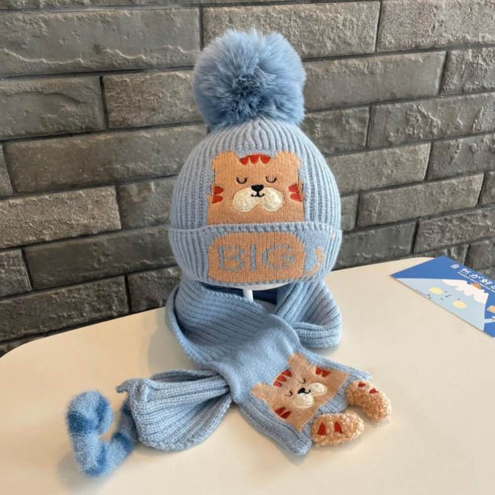 Blue Bear woven Stretchable Woollen Winter Cap for Kids with Matching Neck Muffler Set (3-10yrs) - Little Surprise BoxBlue Bear woven Stretchable Woollen Winter Cap for Kids with Matching Neck Muffler Set (3-10yrs)