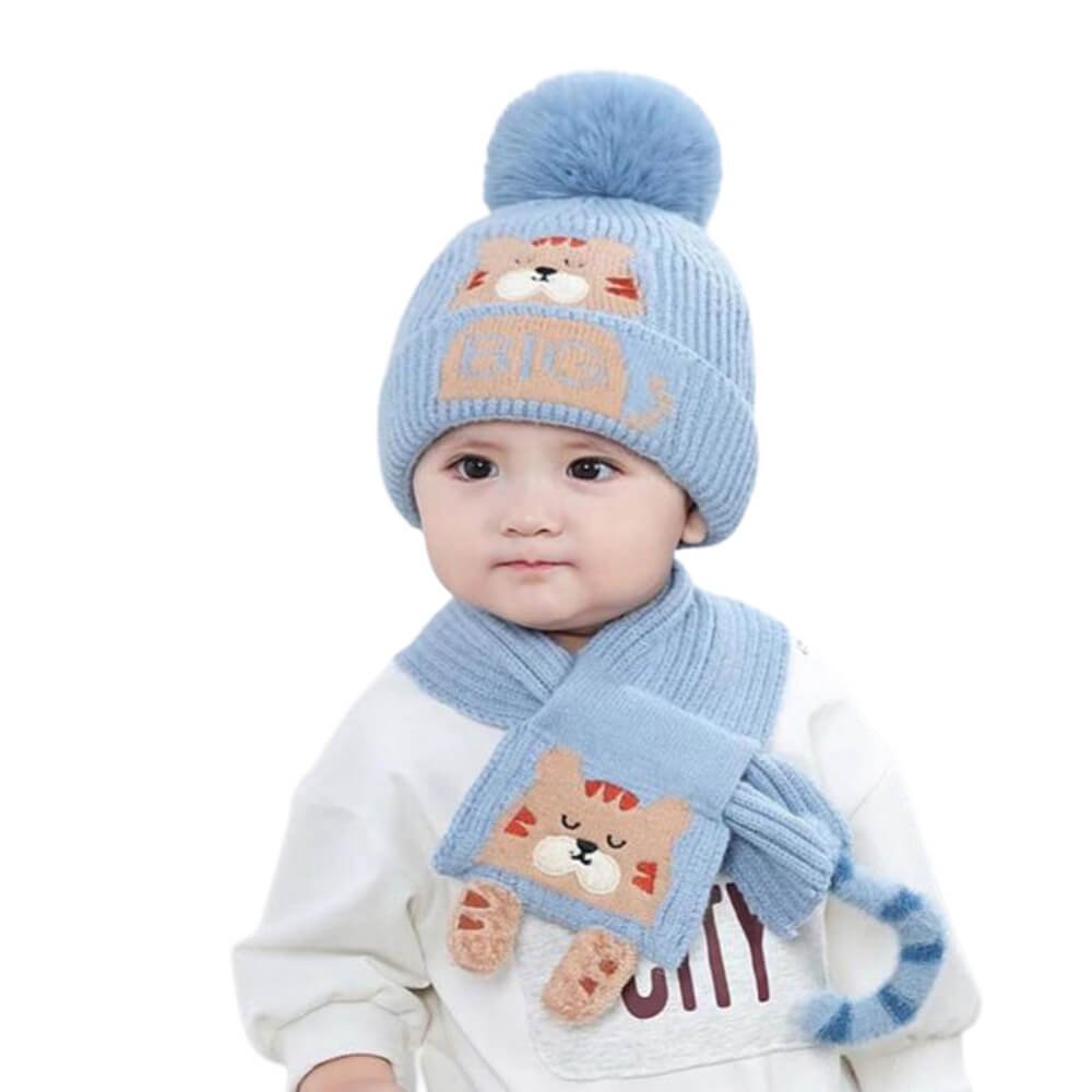 Blue Bear woven Stretchable Woollen Winter Cap for Kids with Matching Neck Muffler Set (3-10yrs) - Little Surprise BoxBlue Bear woven Stretchable Woollen Winter Cap for Kids with Matching Neck Muffler Set (3-10yrs)