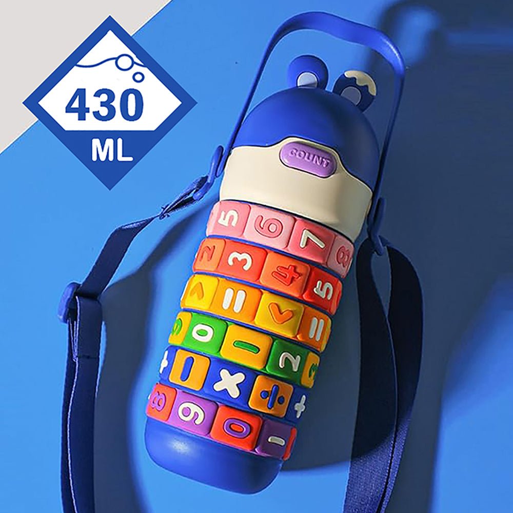 Blue Maths Wizard theme Stainless Steel water Bottle for Kids, 430ml - Little Surprise BoxBlue Maths Wizard theme Stainless Steel water Bottle for Kids, 430ml