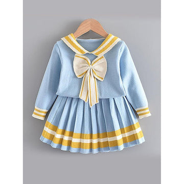 Blue & Occur Pleated Bow 2 pcs top & Skirt Winterwear set for Girls - Little Surprise BoxBlue & Occur Pleated Bow 2 pcs top & Skirt Winterwear set for Girls