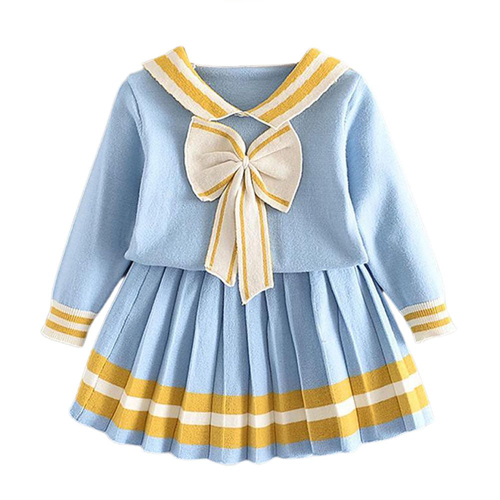 Blue & Occur Pleated Bow 2 pcs top & Skirt Winterwear set for Girls - Little Surprise BoxBlue & Occur Pleated Bow 2 pcs top & Skirt Winterwear set for Girls