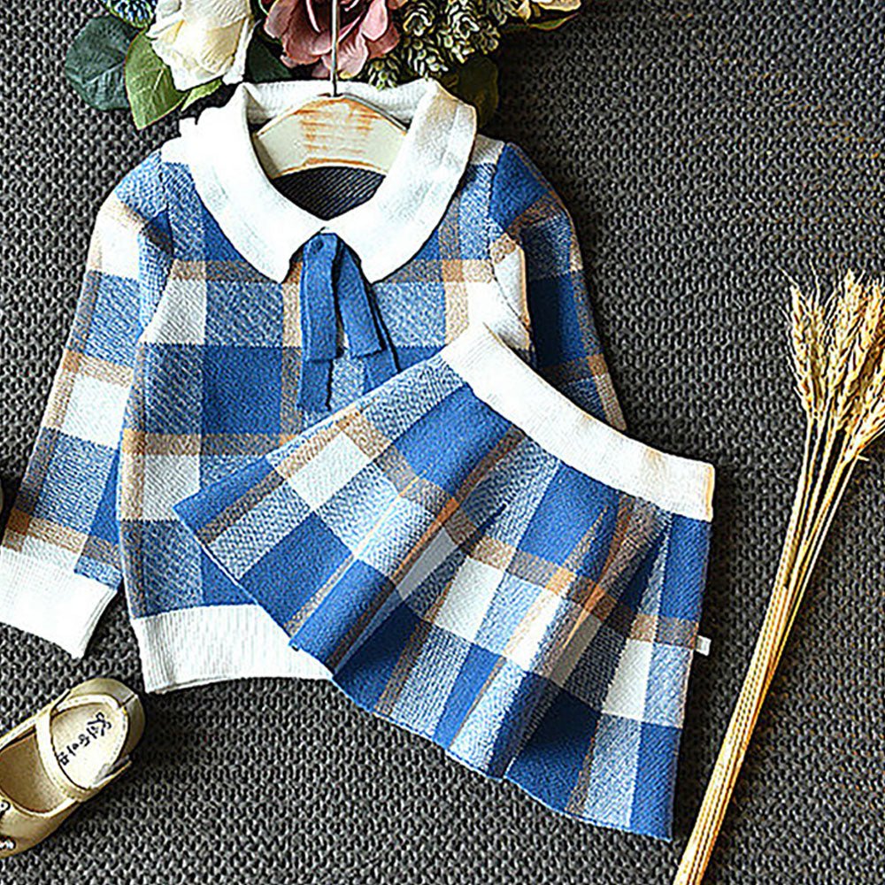 Blue Plaid Peter Pan collar 2 pcs sweatshirt & Skirt Winterwear set for Girls - Little Surprise BoxBlue Plaid Peter Pan collar 2 pcs sweatshirt & Skirt Winterwear set for Girls