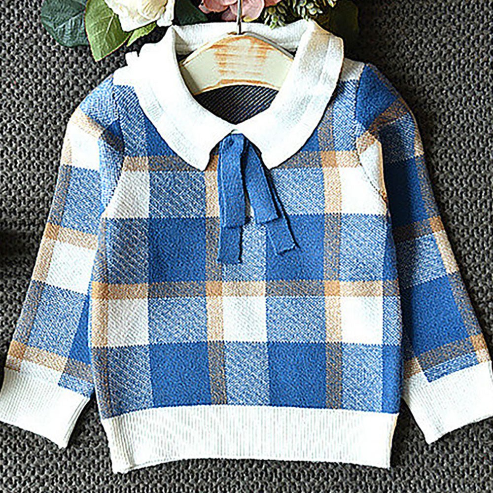 Blue Plaid Peter Pan collar 2 pcs sweatshirt & Skirt Winterwear set for Girls - Little Surprise BoxBlue Plaid Peter Pan collar 2 pcs sweatshirt & Skirt Winterwear set for Girls