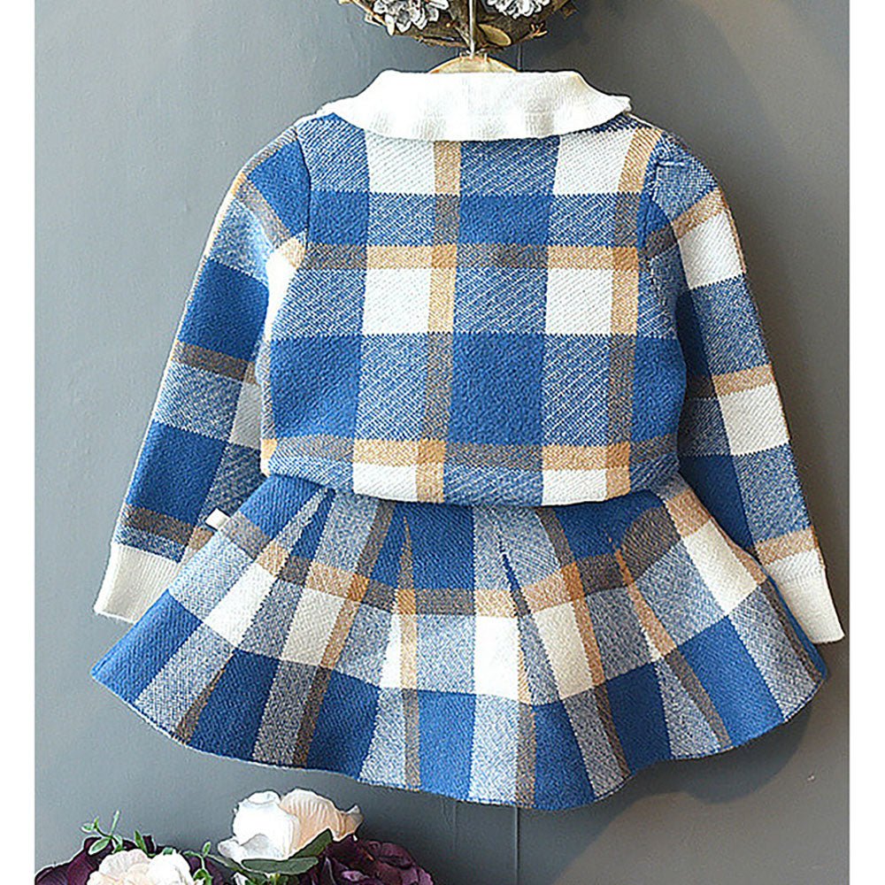 Blue Plaid Peter Pan collar 2 pcs sweatshirt & Skirt Winterwear set for Girls - Little Surprise BoxBlue Plaid Peter Pan collar 2 pcs sweatshirt & Skirt Winterwear set for Girls