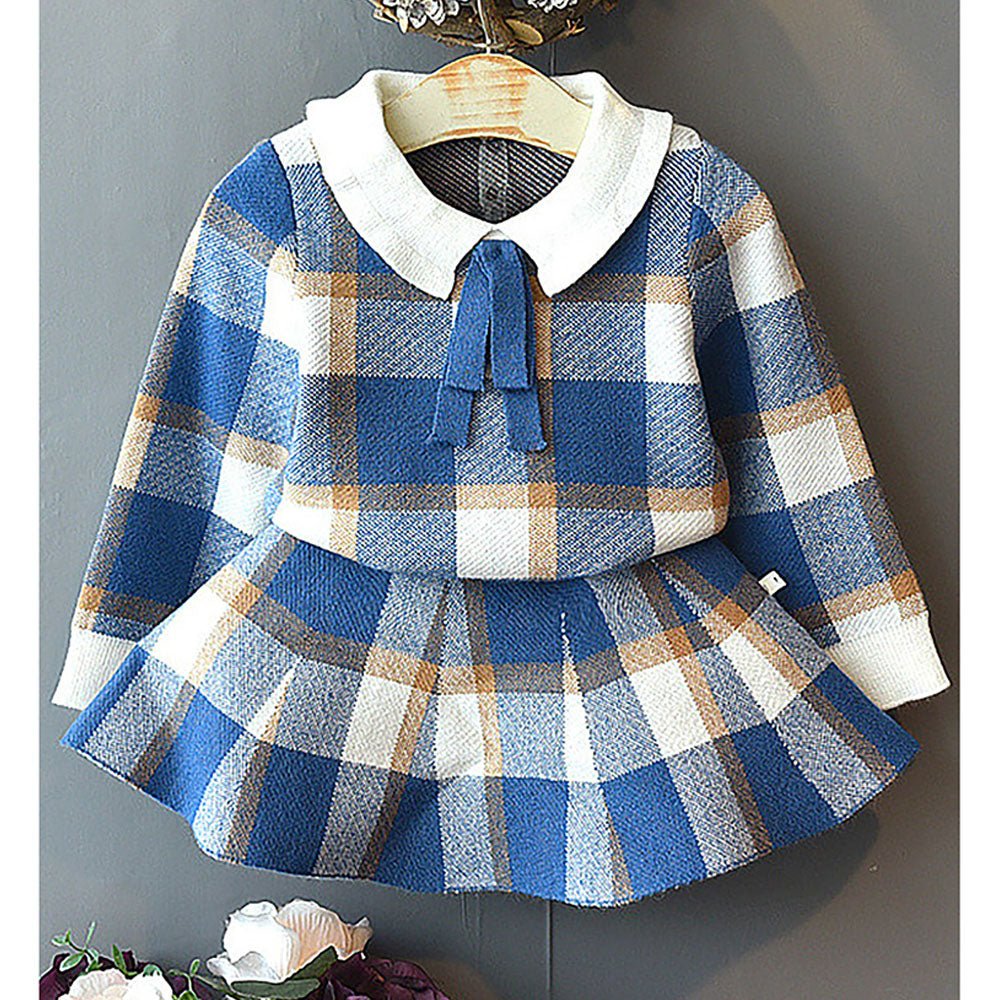 Blue Plaid Peter Pan collar 2 pcs sweatshirt & Skirt Winterwear set for Girls - Little Surprise BoxBlue Plaid Peter Pan collar 2 pcs sweatshirt & Skirt Winterwear set for Girls