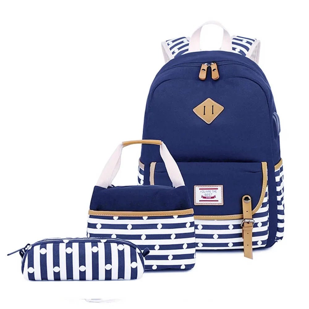 Blue stripes with mini-Polka dots Theme and USB port 3 pcs Matching Backpack with Lunch Bag & Stationery Pouch, Navy Blue - Little Surprise BoxBlue stripes with mini-Polka dots Theme and USB port 3 pcs Matching Backpack with Lunch Bag & Stationery Pouch, Navy Blue