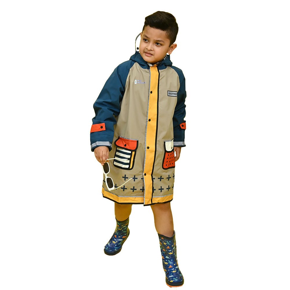 Bold Geometric print Beige & Blue Raincoat for Kids - Little Surprise BoxBold Geometric print Beige & Blue Raincoat for Kids