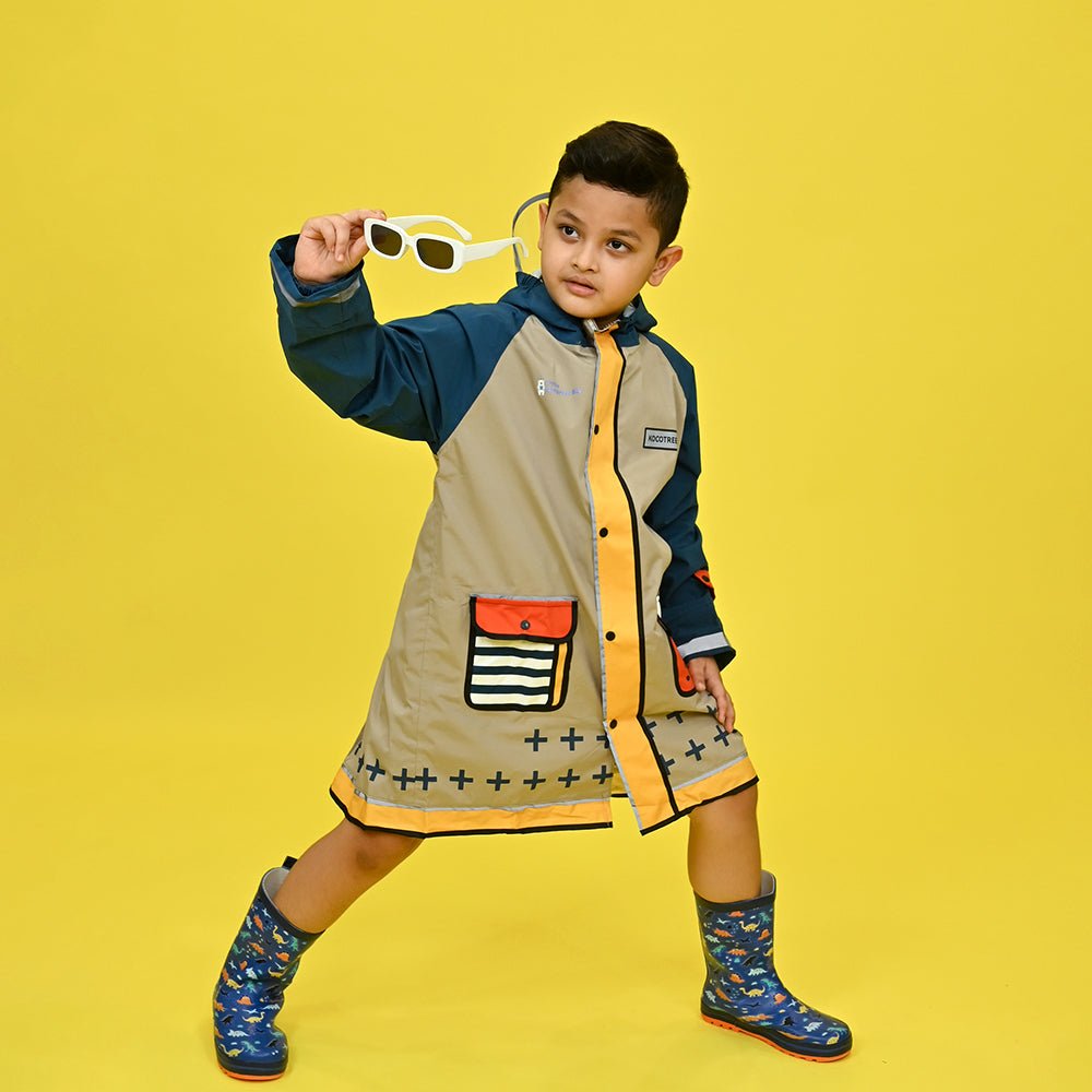 Bold Geometric print Beige & Blue Raincoat for Kids - Little Surprise BoxBold Geometric print Beige & Blue Raincoat for Kids