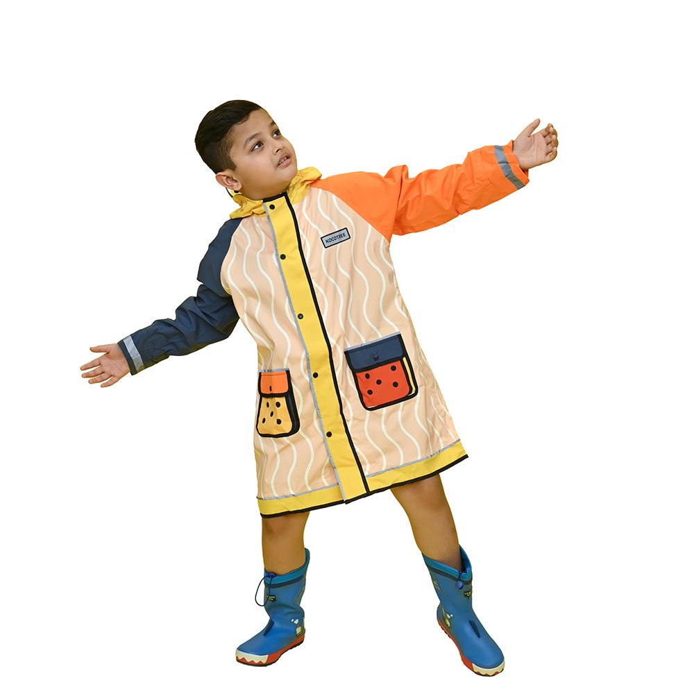 Bold Geometric Print Cream & Orange Raincoat for Kids - Little Surprise BoxBold Geometric Print Cream & Orange Raincoat for Kids