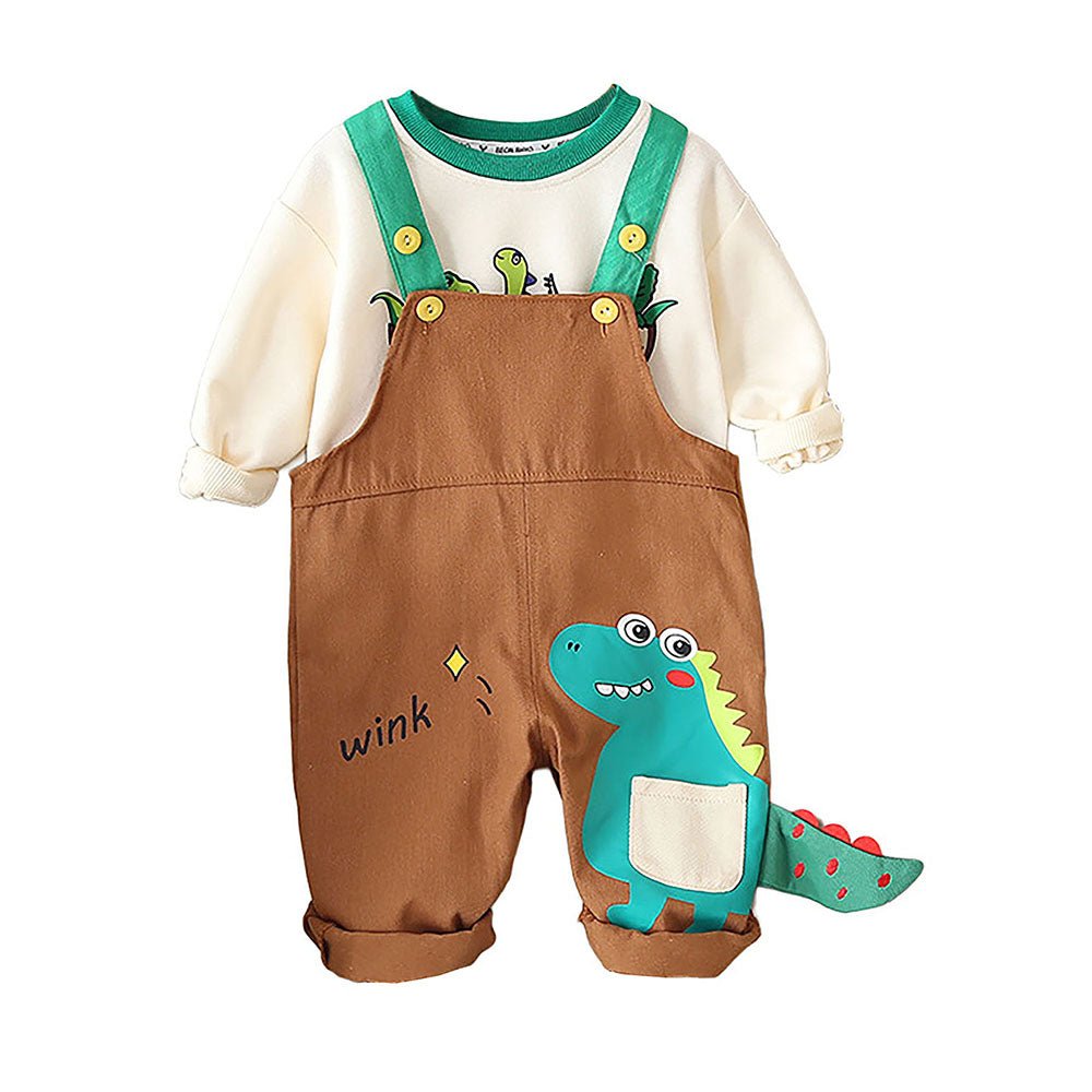 Brown 3d Dino Dungary Style 2 pc clothing set for Toddlers/Kids - Little Surprise BoxBrown 3d Dino Dungary Style 2 pc clothing set for Toddlers/Kids