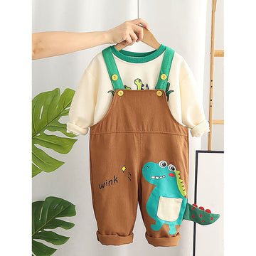 Brown 3d Dino Dungary Style 2 pc clothing set for Toddlers/Kids - Little Surprise BoxBrown 3d Dino Dungary Style 2 pc clothing set for Toddlers/Kids