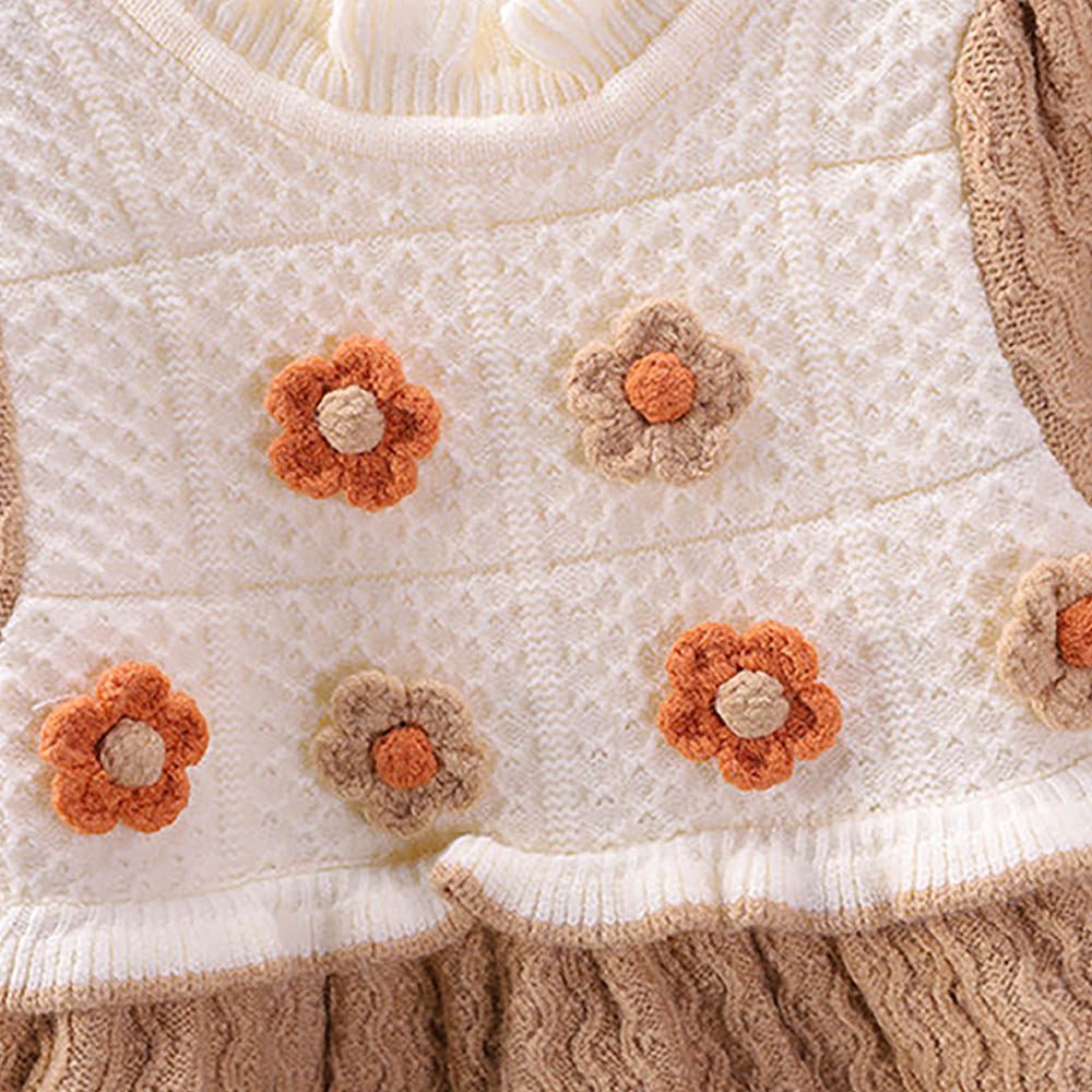 Brown & Cream Front floral Jacket patterned Knitted Frock Winter wear - Little Surprise BoxBrown & Cream Front floral Jacket patterned Knitted Frock Winter wear