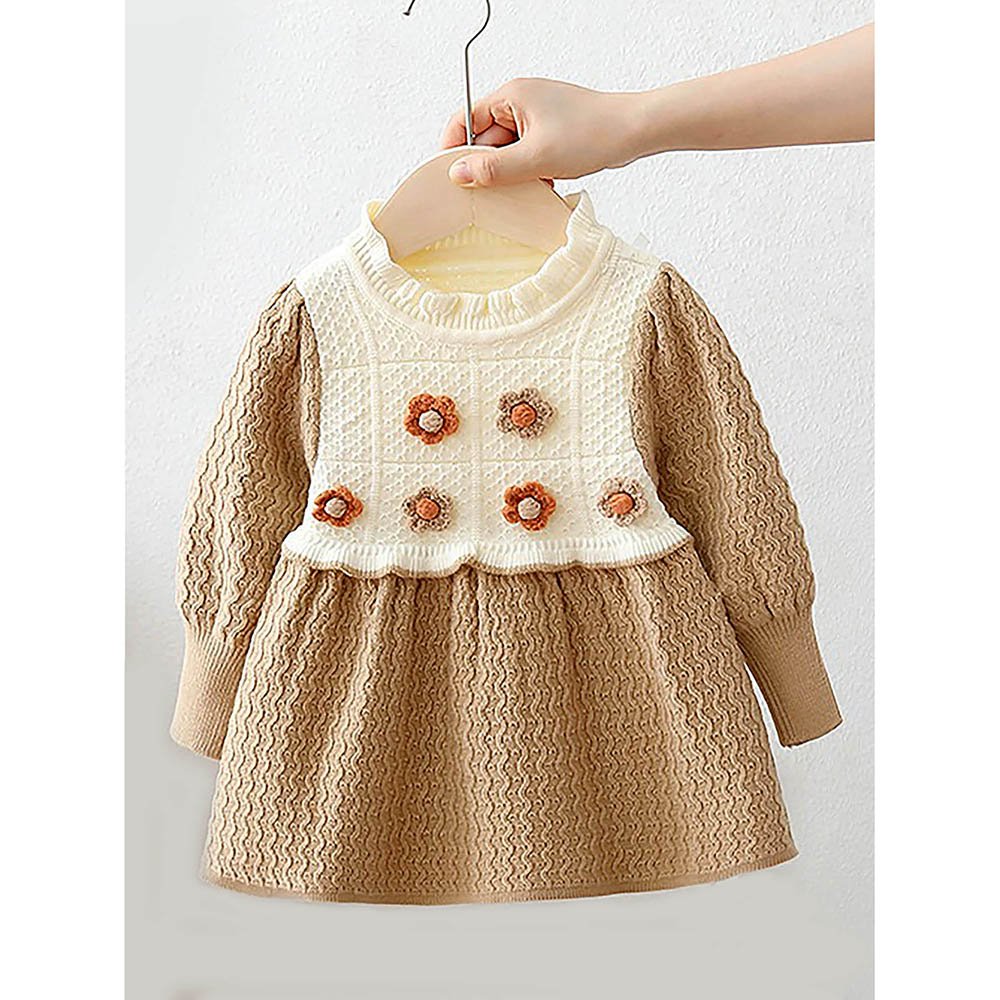 Brown & Cream Front floral Jacket patterned Knitted Frock Winter wear - Little Surprise BoxBrown & Cream Front floral Jacket patterned Knitted Frock Winter wear