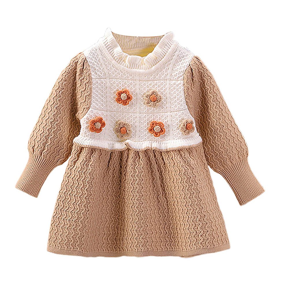 Brown & Cream Front floral Jacket patterned Knitted Frock Winter wear - Little Surprise BoxBrown & Cream Front floral Jacket patterned Knitted Frock Winter wear