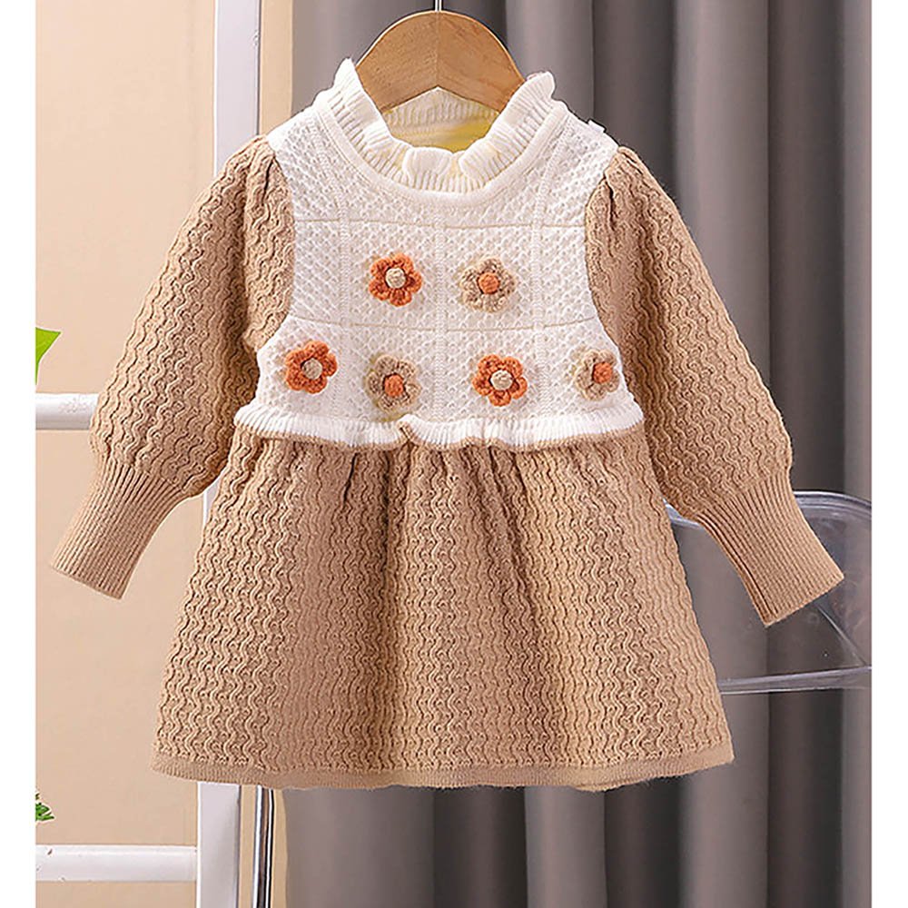 Brown & Cream Front floral Jacket patterned Knitted Frock Winter wear - Little Surprise BoxBrown & Cream Front floral Jacket patterned Knitted Frock Winter wear