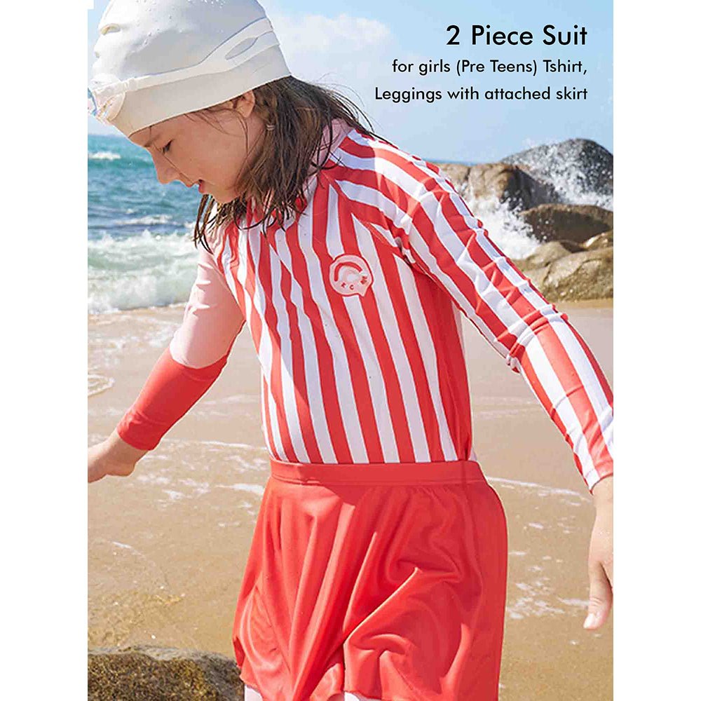 Coral Stripes 2pcs Full Length Swimsuit for Girls with UPF 50+ - Little Surprise BoxCoral Stripes 2pcs Full Length Swimsuit for Girls with UPF 50+