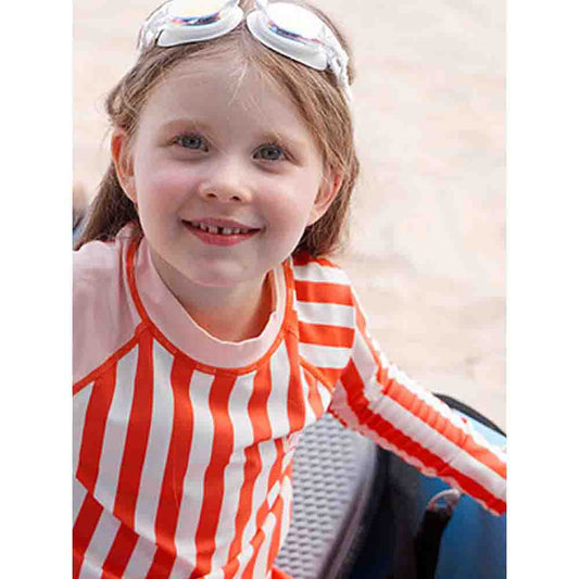 Coral Stripes 2pcs Full Length Swimsuit for Girls with UPF 50+ - Little Surprise BoxCoral Stripes 2pcs Full Length Swimsuit for Girls with UPF 50+