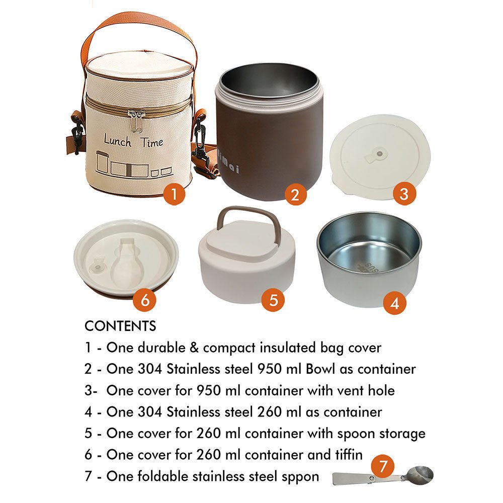 Cream and Dark Brown Stainless Steel Vertical Tiffin/Lunch Box - Little Surprise BoxCream and Dark Brown Stainless Steel Vertical Tiffin/Lunch Box