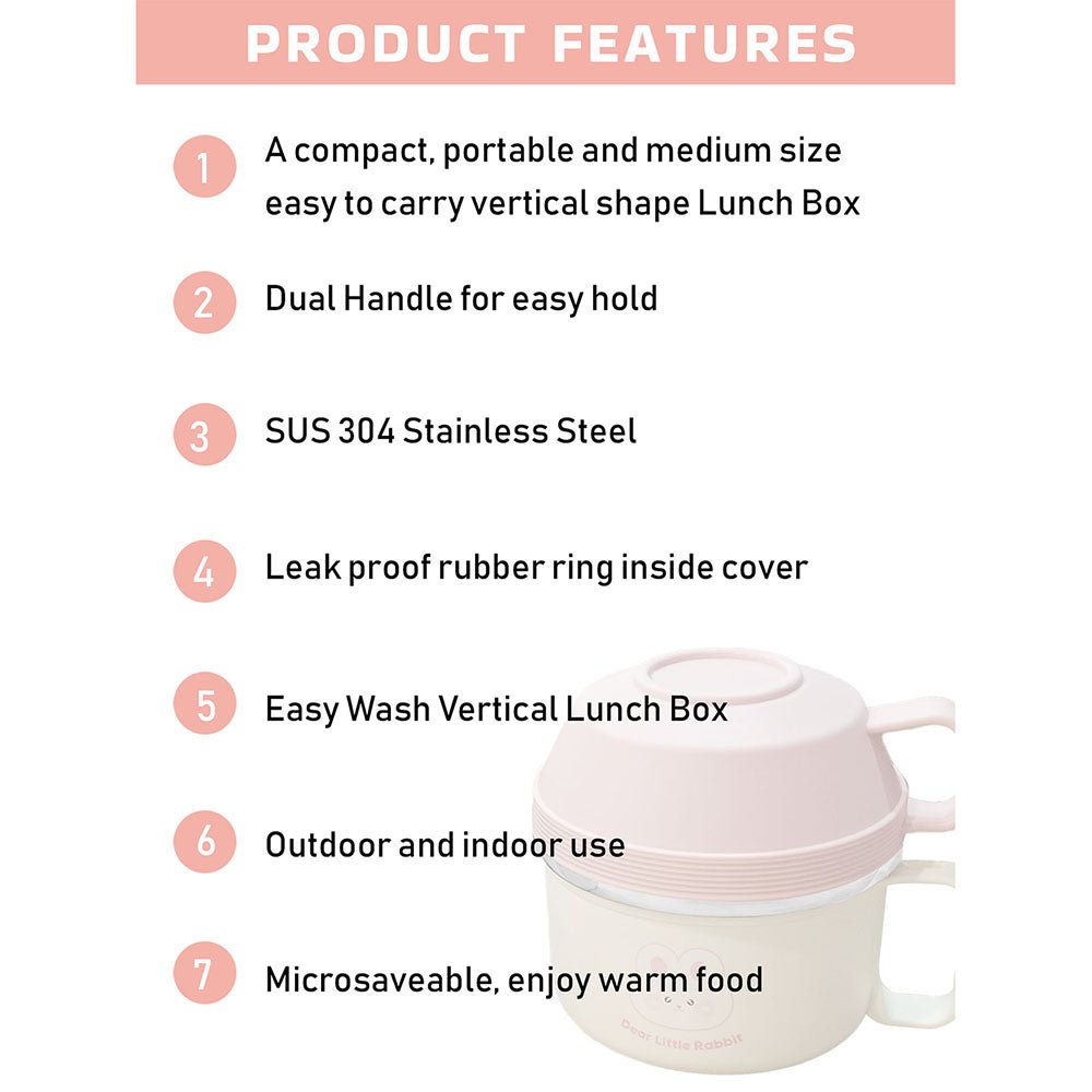 Cream & Pink Rabbit , Stainless Steel Dual Handle Soup and Noodles Lunch Box for Kids and Adults - Little Surprise BoxCream & Pink Rabbit , Stainless Steel Dual Handle Soup and Noodles Lunch Box for Kids and Adults