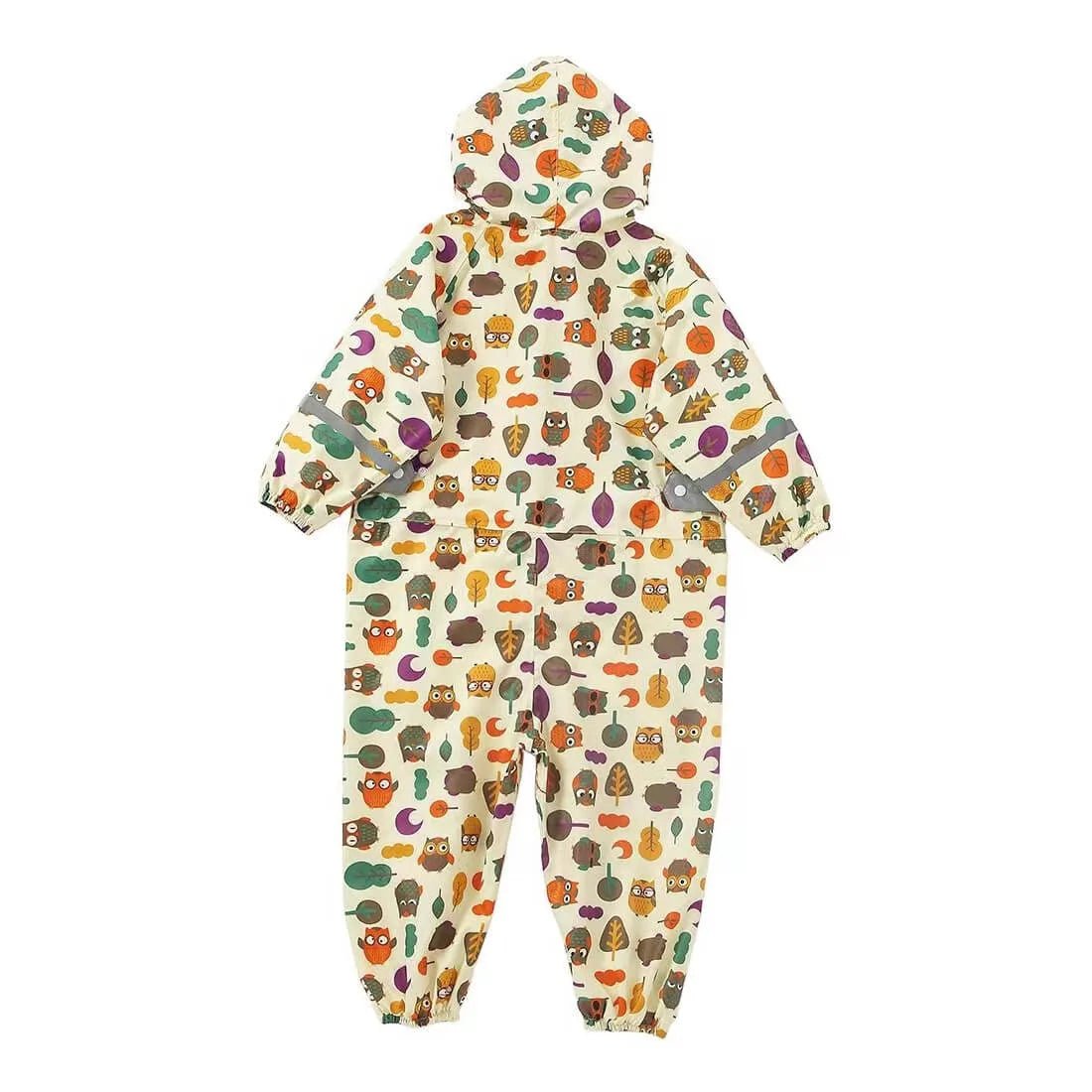 Cream Woodland Owl Theme All Over Jumpsuit / Playsuit Raincoat for Kids - Little Surprise BoxCream Woodland Owl Theme All Over Jumpsuit / Playsuit Raincoat for Kids