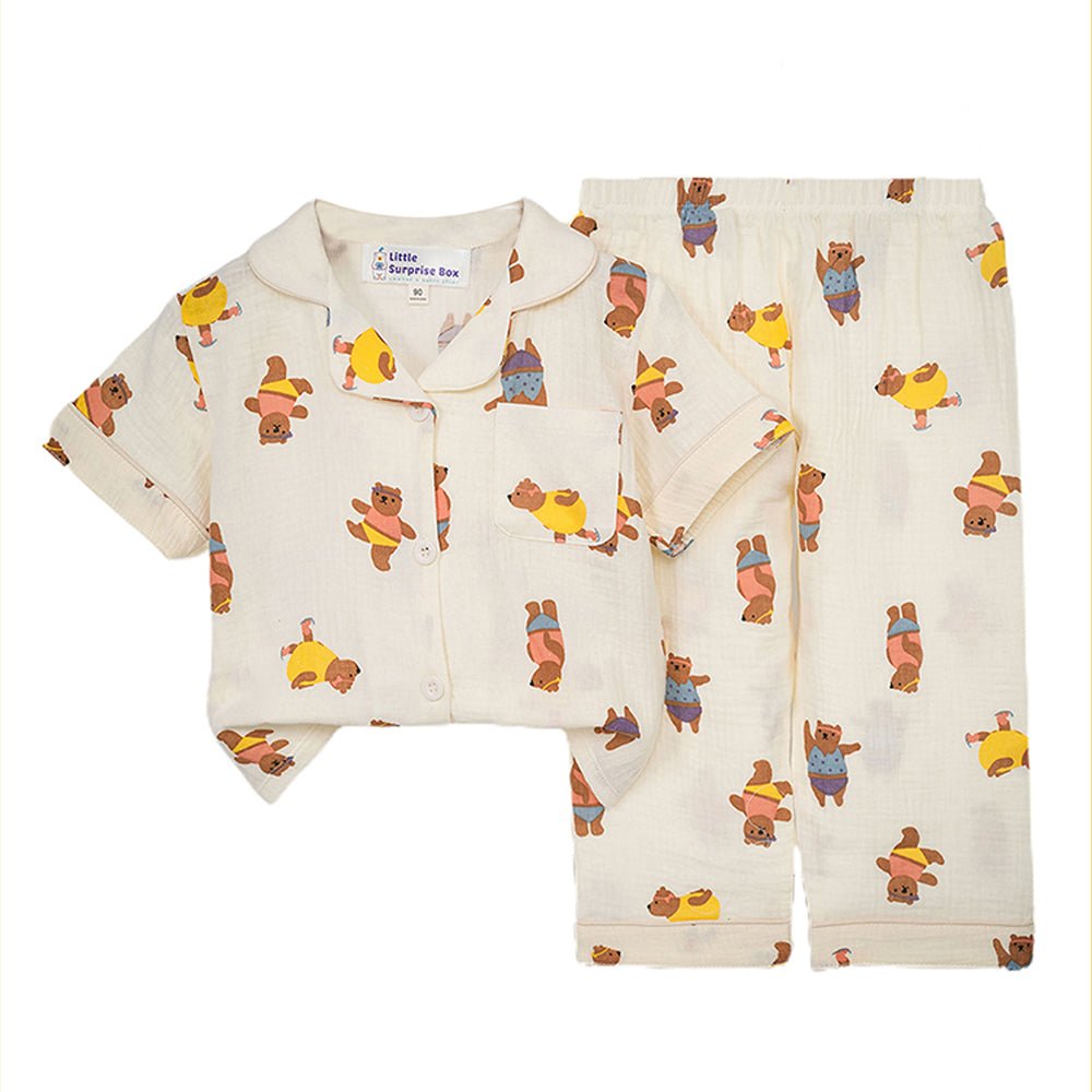 Dancing Bear print soft Mulsin organic Cotton Kids Nightsuit - Little Surprise BoxDancing Bear print soft Mulsin organic Cotton Kids Nightsuit