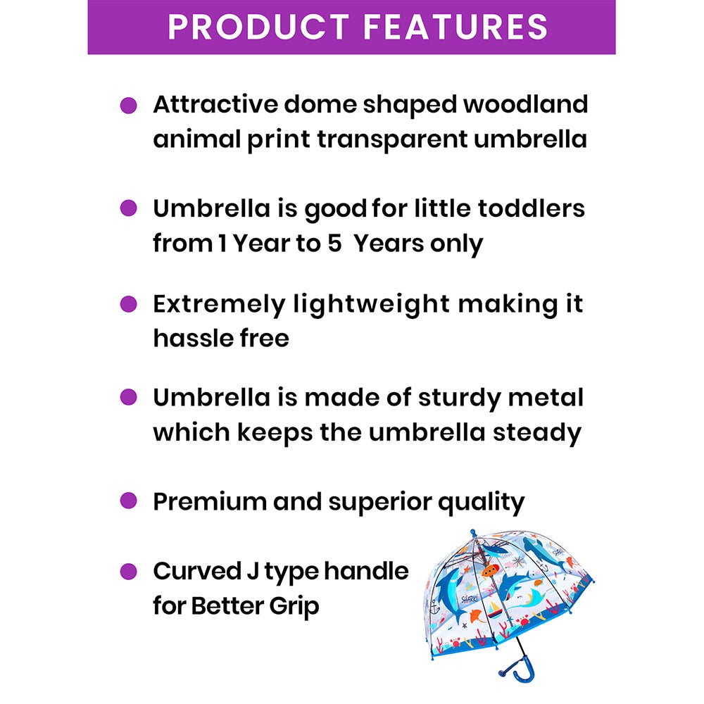 Dome Style, Sea Shark theme Transparent Umbrella for Kids - Little Surprise BoxDome Style, Sea Shark theme Transparent Umbrella for Kids