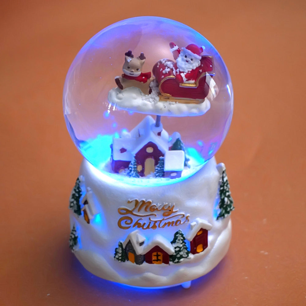 Red Sledge Santa snow village colorful LED Dome with Music Christmas Table Décor & Gift option