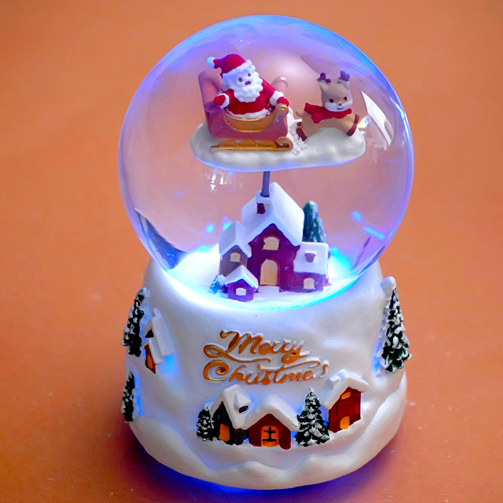 Brown Sledge Santa snow village colorful LED Dome with Music Christmas Table Décor & Gift option