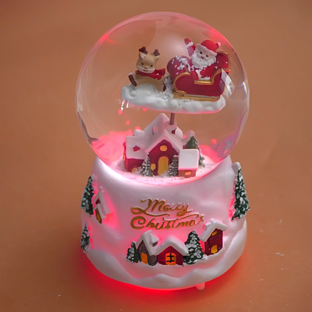 Red Sledge Santa snow village colorful LED Dome with Music Christmas Table Décor & Gift option
