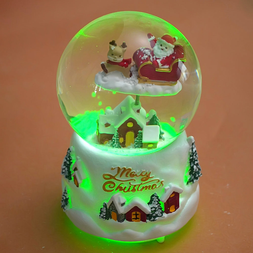 Red Sledge Santa snow village colorful LED Dome with Music Christmas Table Décor & Gift option