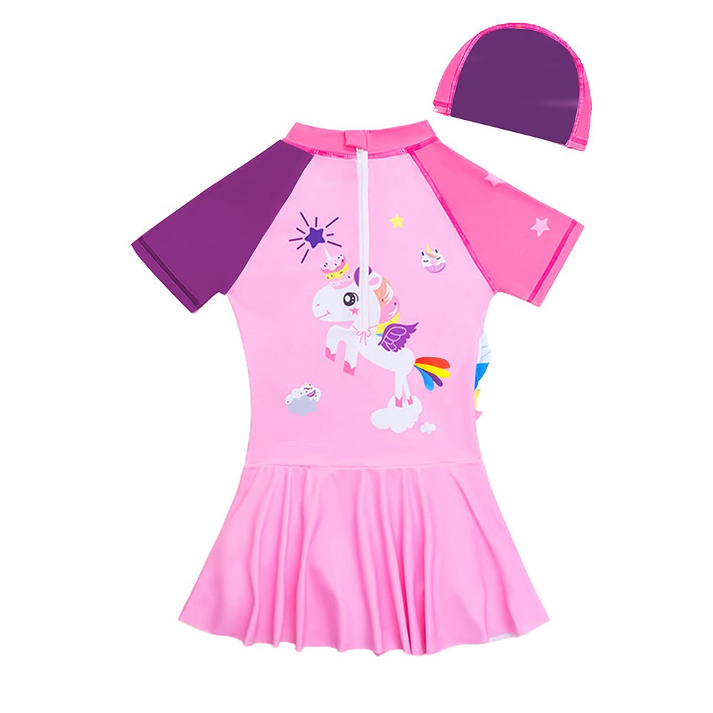 Frill Unicorn Frock style Kids Swimwear with attached shorts and matching Swim Cap - Little Surprise BoxFrill Unicorn Frock style Kids Swimwear with attached shorts and matching Swim Cap