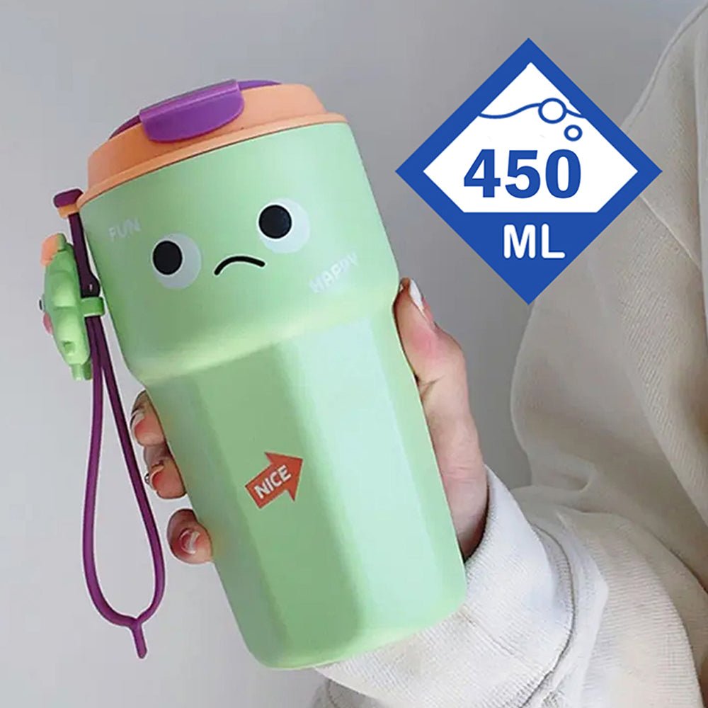 Fun Emoji Mint Green Vacuum Insulated Stainless Steel Coffee/Water/Tea Travel Tumbler for Kids & Adults,450ml - Little Surprise BoxFun Emoji Mint Green Vacuum Insulated Stainless Steel Coffee/Water/Tea Travel Tumbler for Kids & Adults,450ml