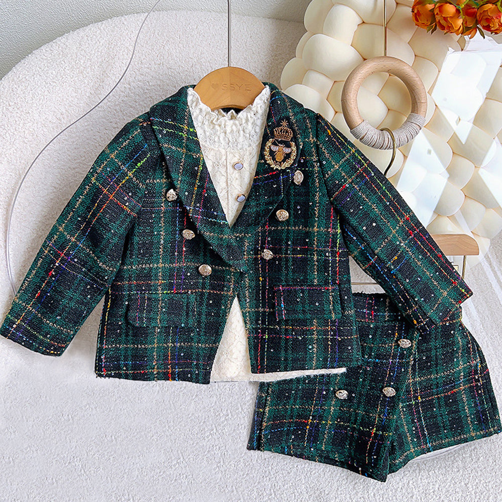 Bottle Green Scottish Style Tweed 2 pcs, Jacket and Shorts Winterwear set for Girls.