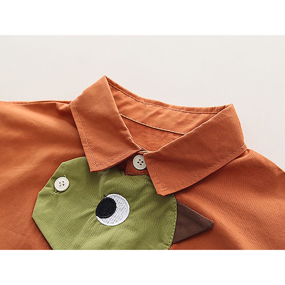 Green Applique Dino Button up 2pcs Shirt/Pants Set for Toddlers/Kids - Little Surprise BoxGreen Applique Dino Button up 2pcs Shirt/Pants Set for Toddlers/Kids