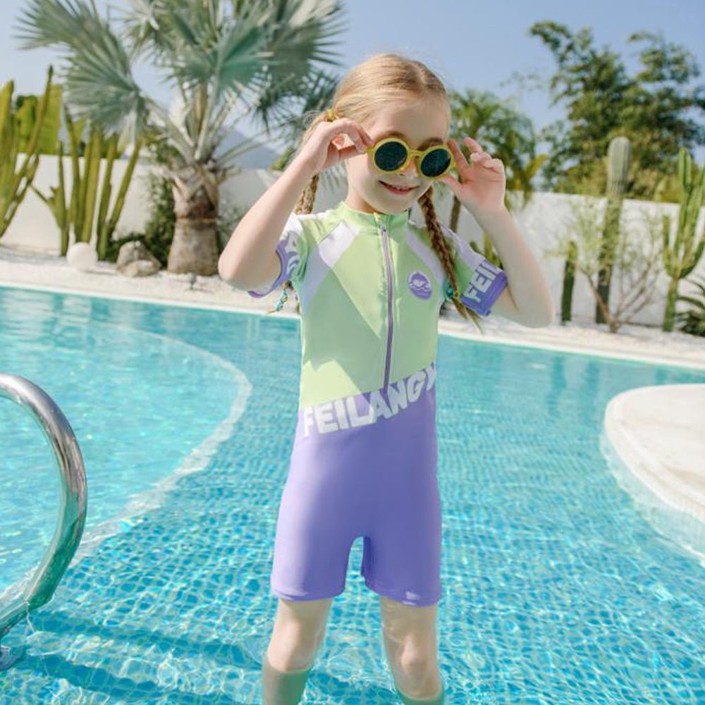 Green & Purple color Block style Swimwear/swimsuit for Kids - Little Surprise BoxGreen & Purple color Block style Swimwear/swimsuit for Kids - Little Surprise BoxGreen & Purple color Block style Swimwear/swimsuit for Kids