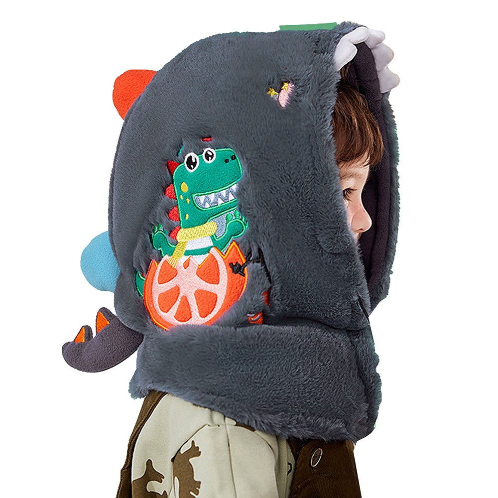 Grey Furry Dino theme Winter Cap covering Mouth, Neck and Head - Little Surprise BoxGrey Furry Dino theme Winter Cap covering Mouth, Neck and Head