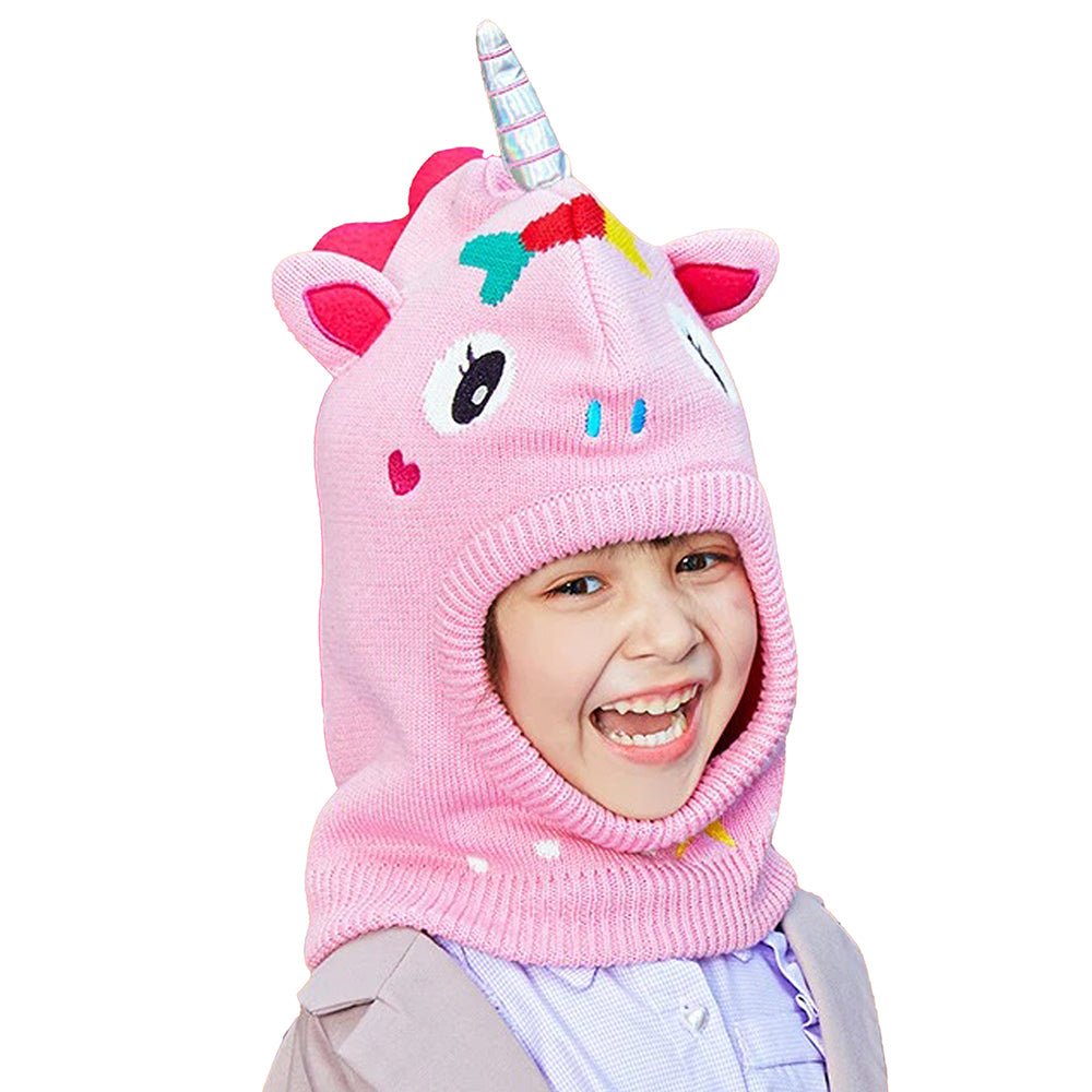 Knitted Pink Star Unicorn theme Winter Cap covering Neck , Ears and Head - Little Surprise BoxKnitted Pink Star Unicorn theme Winter Cap covering Neck , Ears and Head