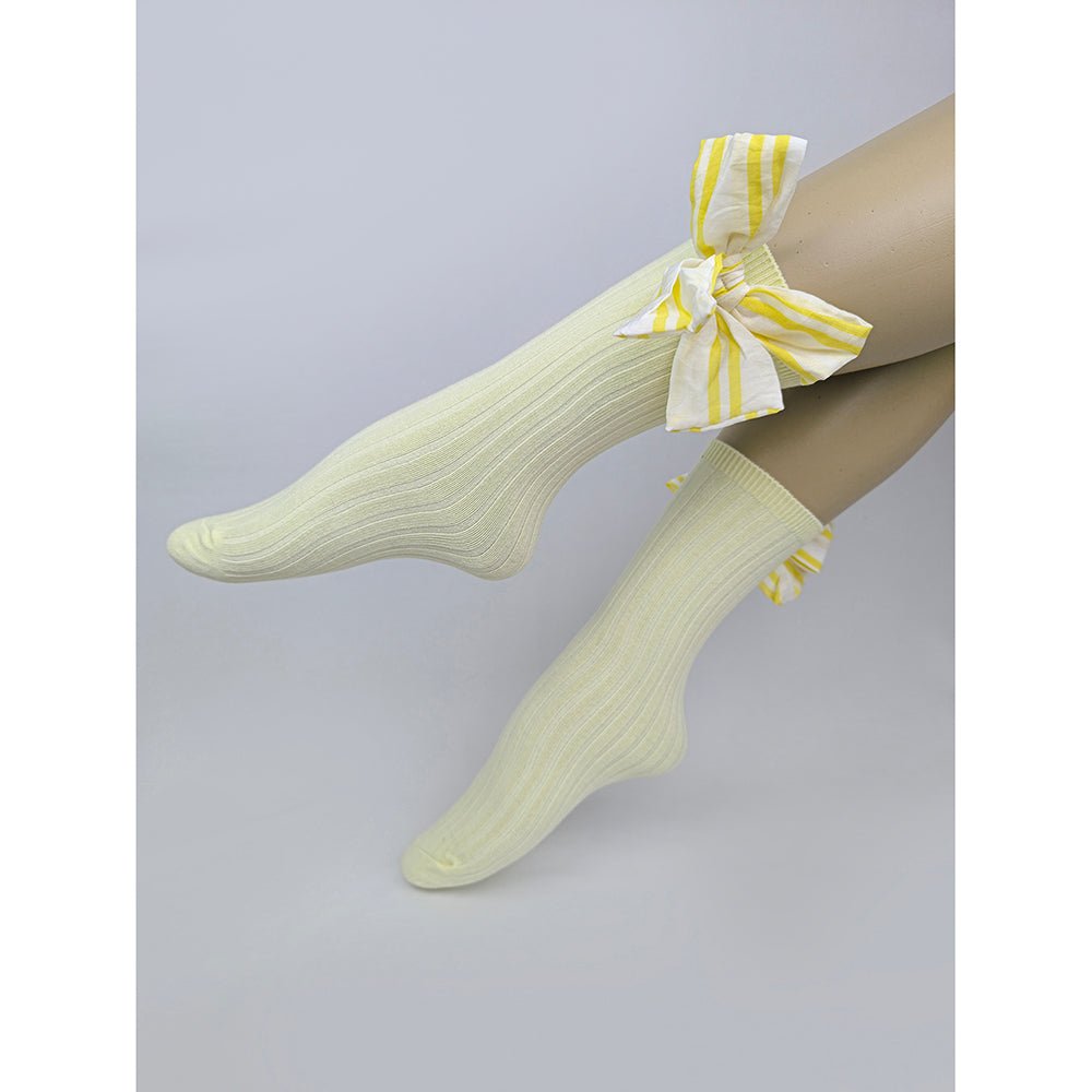 Lemon Yellow Striped 3d Big Bow Socks for Kids - Little Surprise BoxLemon Yellow Striped 3d Big Bow Socks for Kids