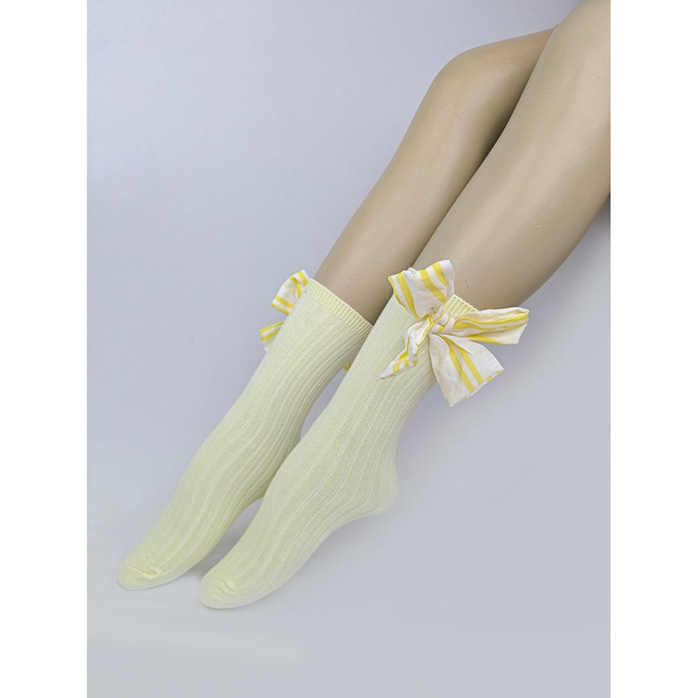 Lemon Yellow Striped 3d Big Bow Socks for Kids - Little Surprise BoxLemon Yellow Striped 3d Big Bow Socks for Kids