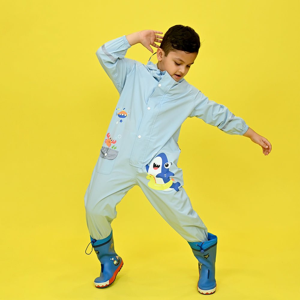Light Blue Submarine theme full Jumpsuit Style Raincoat for Toddlers and Kids - Little Surprise BoxLight Blue Submarine theme full Jumpsuit Style Raincoat for Toddlers and Kids