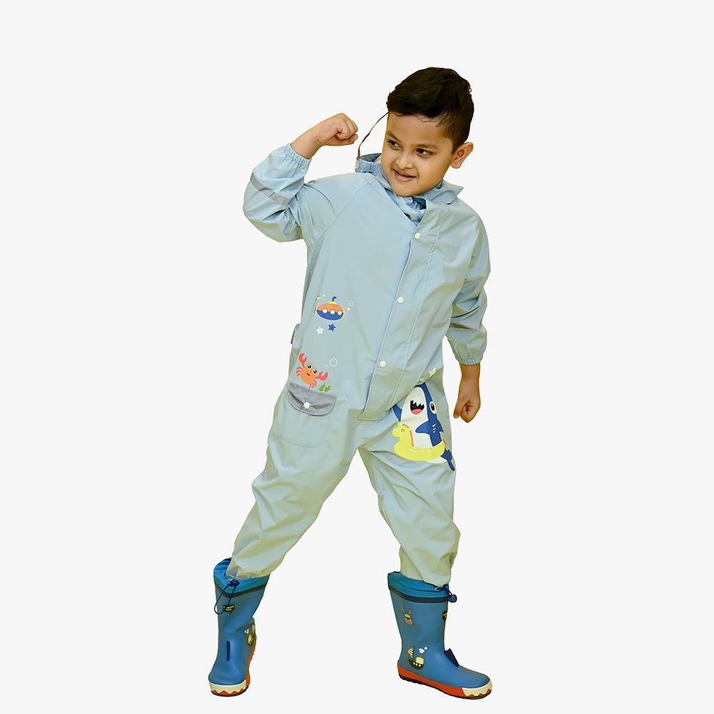 Light Blue Submarine theme full Jumpsuit Style Raincoat for Toddlers and Kids - Little Surprise BoxLight Blue Submarine theme full Jumpsuit Style Raincoat for Toddlers and Kids